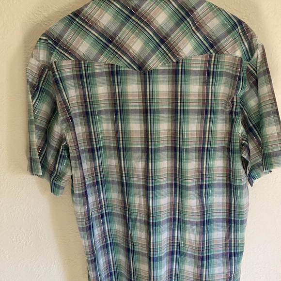 Men’s Vintage sparkle Pearl snap button up large Rustler teal blue purple cowboy - Picture 8 of 9